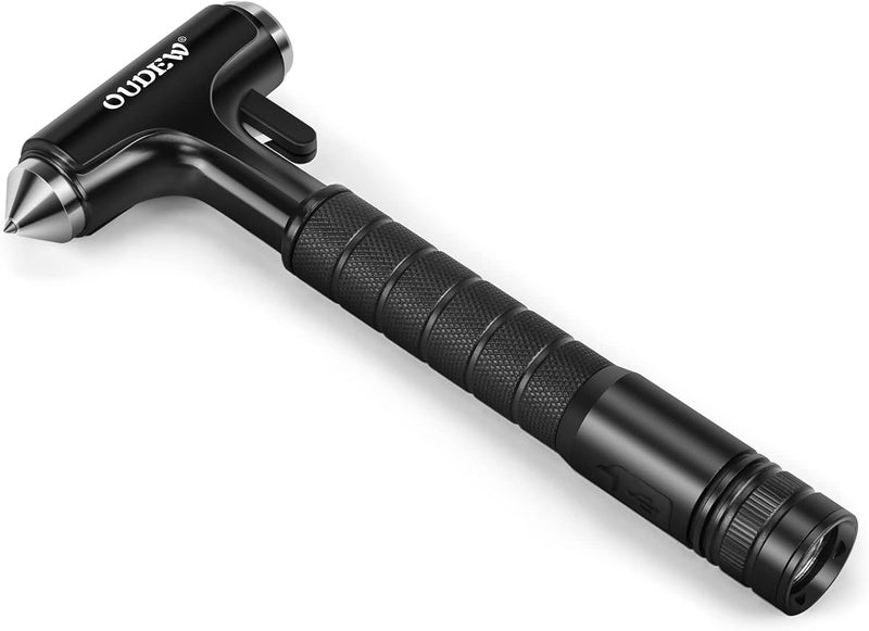 OUDEW Car Safety Hammer, Car Glass Breaker with Seat Belt Cutter, Automotive Escape Tool with Lighting Function, Metal Window Breaker, Emergecy Safety Hammer for Auto Accidents (Black) - Image 1